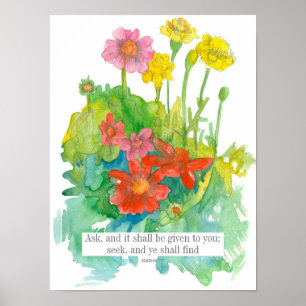 Poster Écriture Matthieu 7:7 Bible Verse Zinnia Fleurs