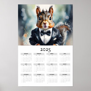 Poster Écureuil aquarelle portant Tux 2025 Calendrier mur
