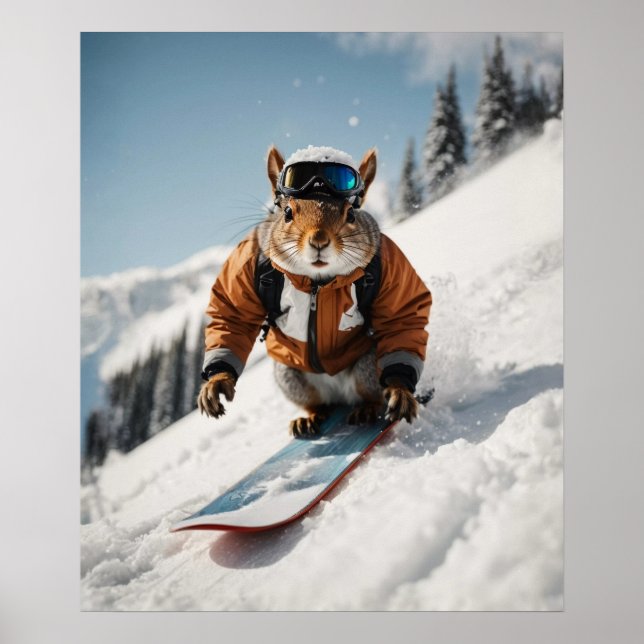 Poster Écureuil de snowboard Heure d'hiver Animaux Whimsi (Devant)