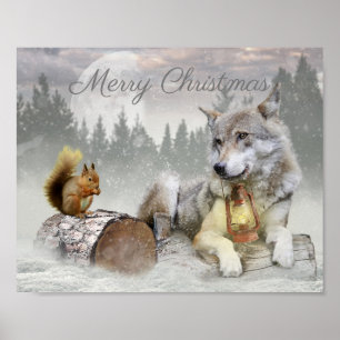 Poster Écureuil du loup mignon hiver Forêt de neige Noël