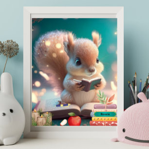 Poster Écureuil mignon lisant un livre Art de nurserie pe