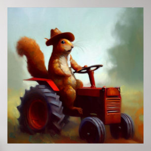 Poster Écureuil sur un tracteur