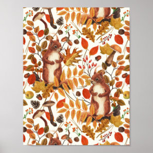 Poster Écureuils d'automne et flore automnale sur fond bl