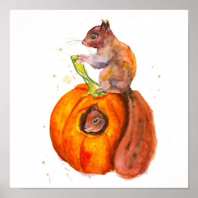 Poster Écureuils Peints Ayant Un Snack Citrouille Automne (Devant)