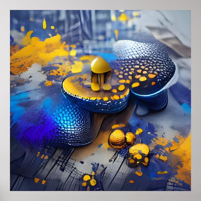 Poster Edgy Moderne Bleu Jaune Métallurgique Champignons  (Devant)
