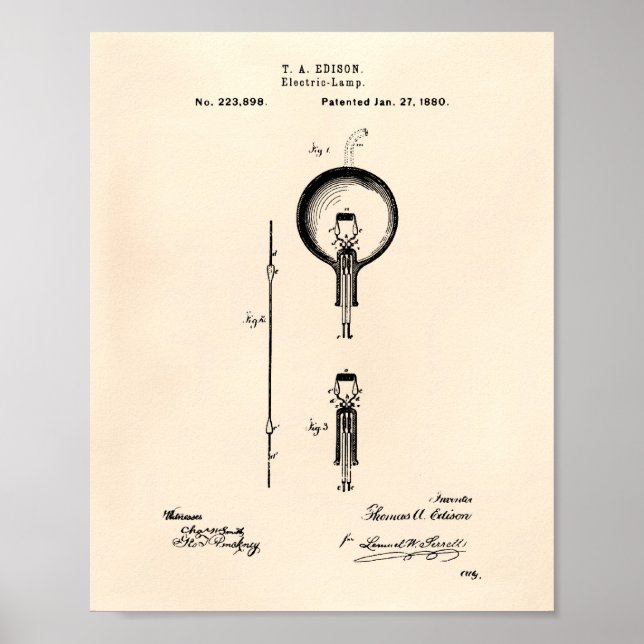 Poster Edison Lampe électrique 1880 Brevet Art - Vieux Po (Devant)
