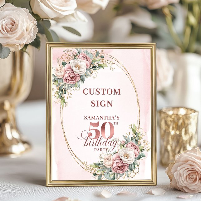 Poster Editable Elegant Greenery 50 Birthday Custom Sign (Editable Elegant Greenery 50th Birthday Custom Sign)