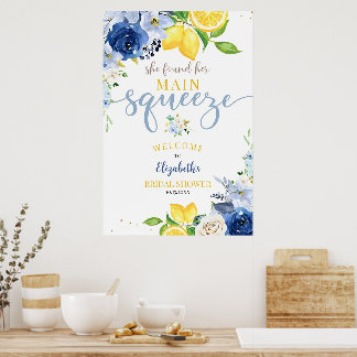 Poster Éditable floral bleu et citron pour la douche de l