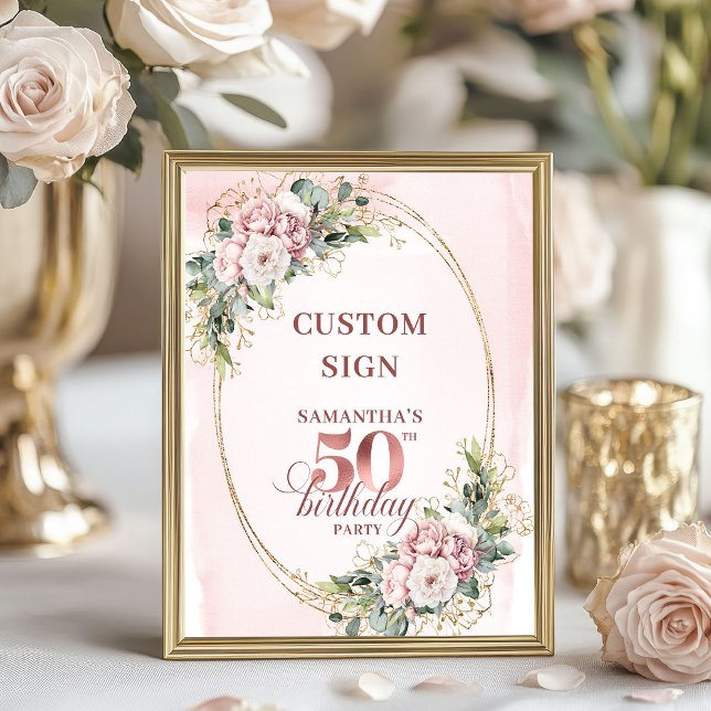 Poster Editable Luxury Rose Gold 50th Birthday Tabletop  (Editable Luxury Rose Gold 50th Birthday Tabletop Sign)
