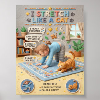 Poster Éducation en argile 3D Enfant et chat s'étirent