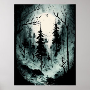 Poster Eerie Forêt d'encre noire et blanche dans le broui
