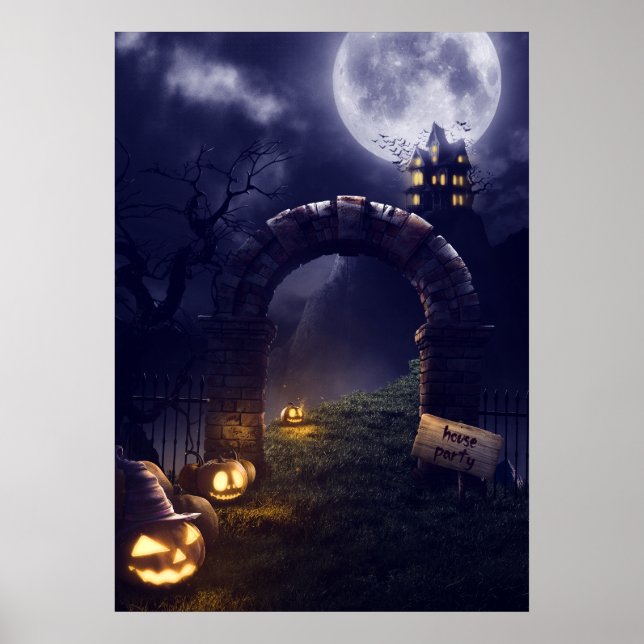 Poster Eerie Halloween Pleine lune de nuit & Maison hanté (Devant)