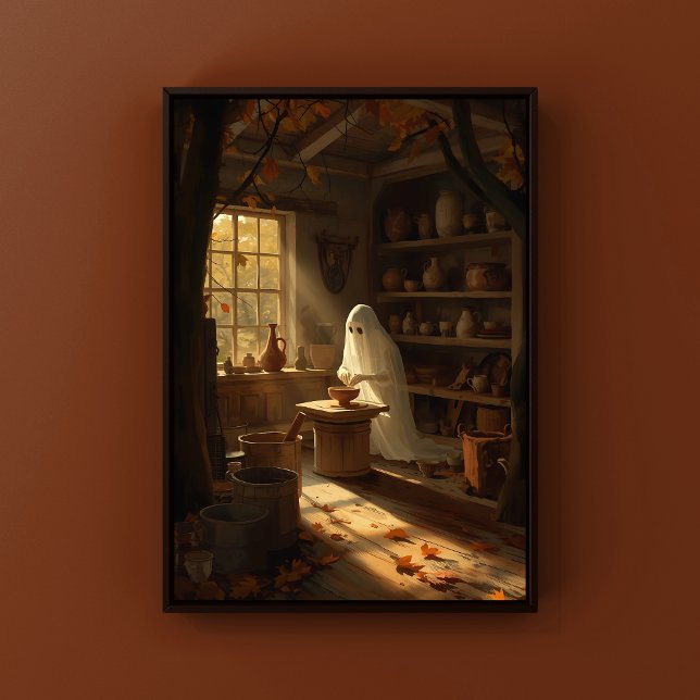 Poster Éffrayant Halloween Ghost Fall Art pour les amateu (Spooky Ghost Potter Cozy Halloween Wall Art for Pottery Lovers)