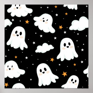 Poster Éffrayant mignon Halloween Ghost Nuageux Star Sky