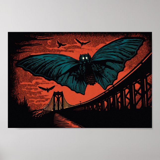 Poster Éffrayant Mothman and Bridge Woodcut Art Imprimer (Devant)