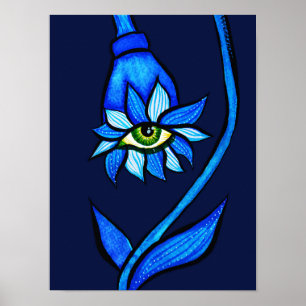 Poster Éffrayant Oeil Fleur Art Déplaisant En Bleu