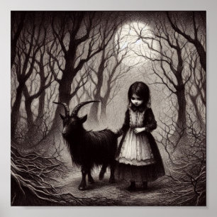Poster Éffrayante fille avec chèvre noir Phillip Haunted 