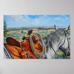 Poster Effrayez le cheval, selle, cowboy, paysage de