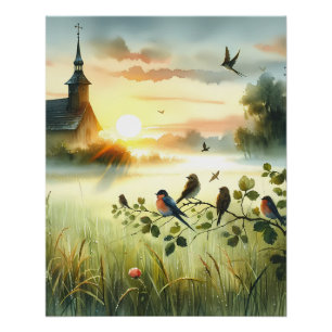 Poster Église au lever du soleil avec oiseaux dans une pr
