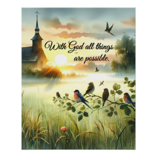 Poster Église au lever du soleil avec oiseaux dans une pr