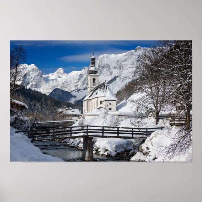 Poster Eglise dans la neige avec les Alpes (Devant)