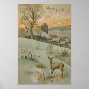 Poster Église de cerfs de champ d'hiver neige