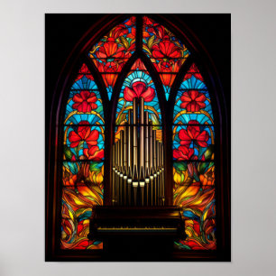 Poster Église rouge poppy gothique orgue à tuyaux verre t