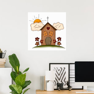 Poster Église Sunny Avec Fleurs Rustique Charme De Pays