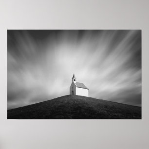Poster Eglise sur une colline en noir et blanc