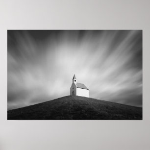 Poster Église sur une colline en noir et blanc