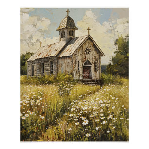 Poster Église vintage dans une prairie