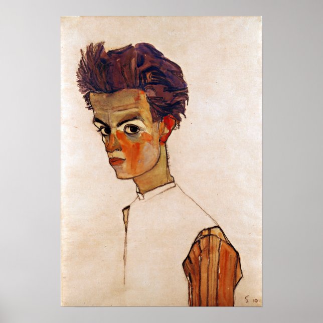 Poster Egon Schiele Autoportrait avec chemise rayée (Devant)