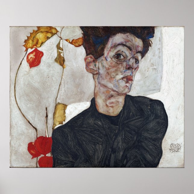 Poster Egon Schiele Autoportrait avec Physalis (Devant)