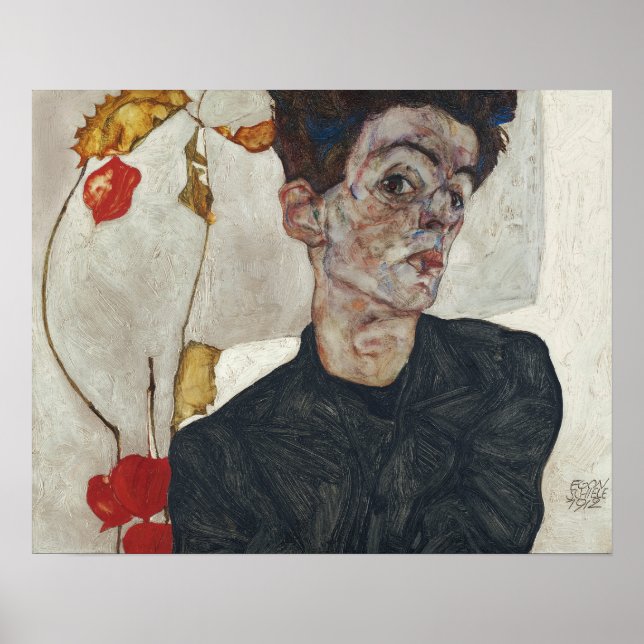 Poster Egon Schiele Autoportrait avec Physalis (Devant)