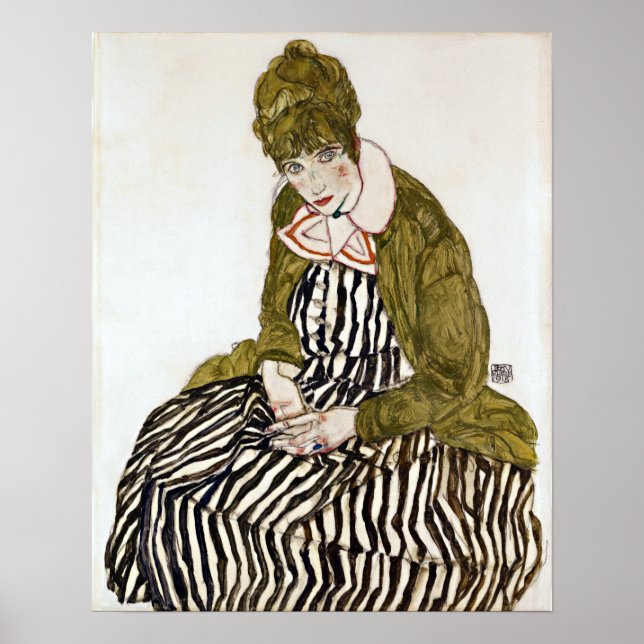 Poster Egon Schiele Edith avec robe rayée, assis (Devant)