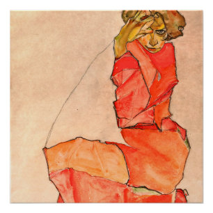 Poster Egon Schiele - Kneeling Femme En Robe Rouge Orange