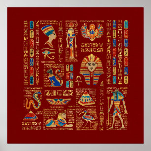 Poster Egyptian hieroglyphs and deities on red
