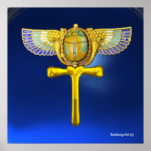 Poster EGYPTIAN WINGED SCARAB ANKH AND CORNUCOPIA Blue
