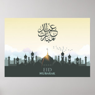 Poster Eid mubarak lettering with mosque and birds