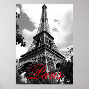Poster Eiffel Tower in Love City Paris Black & White Red