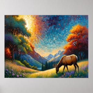 Poster Élan de pré coloré avec fleurs d'art