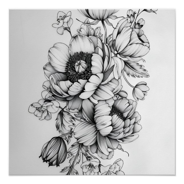 Poster Élégance florale en noir et blanc (Devant)