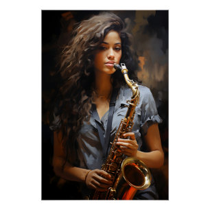 Poster Elegance in Oil : Un saxophoniste dynamique