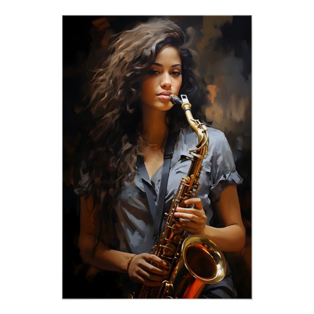 Poster Elegance in Oil : Un saxophoniste dynamique (Devant)