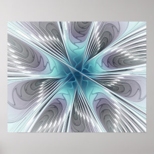 Poster Élégance Moderne Fleur d'Art Fractal Bleu Gris Bla