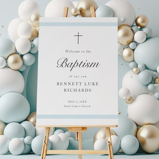 Poster Elégance moderne garçons Baptême Accueil (An elegant boys baptism welcome sign poster. Also, available as a downloadable file.)