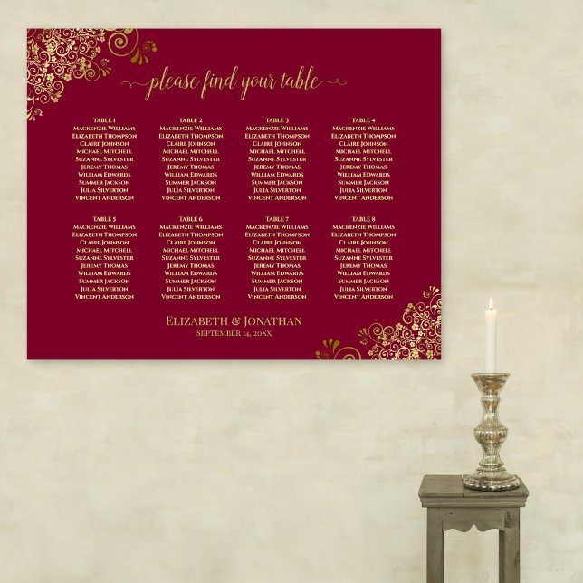 Poster Elégant 8 Table Gold & Burgundy Seating Chart (On Wall)