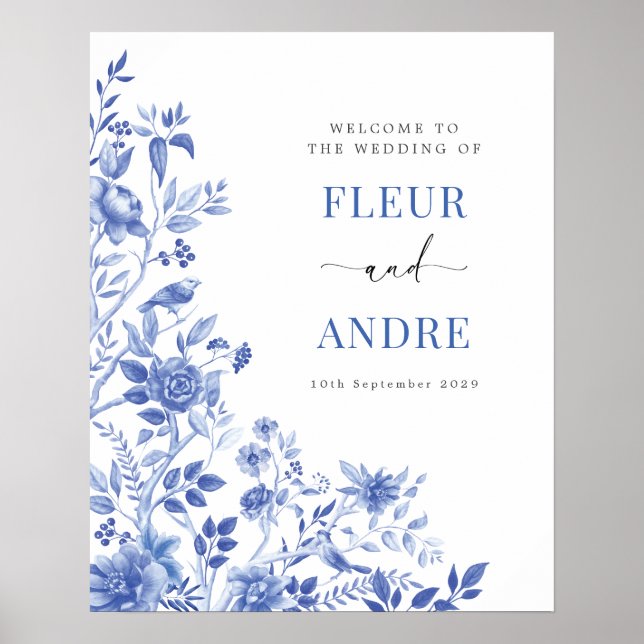 Poster Élégant accueil de mariage blanc et bleu de style  (Devant)