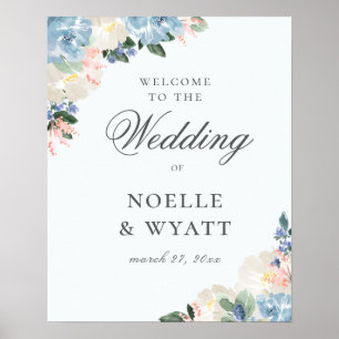 Poster Élégant Accueil de Mariage Botanique Bleu Clair