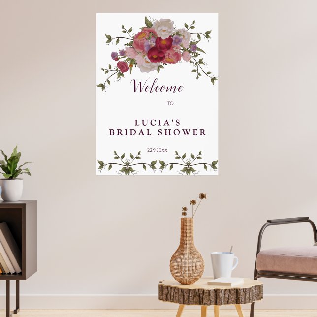 Poster Élégant Accueil de Mariage Floral Bourgogne  (Salon 3)